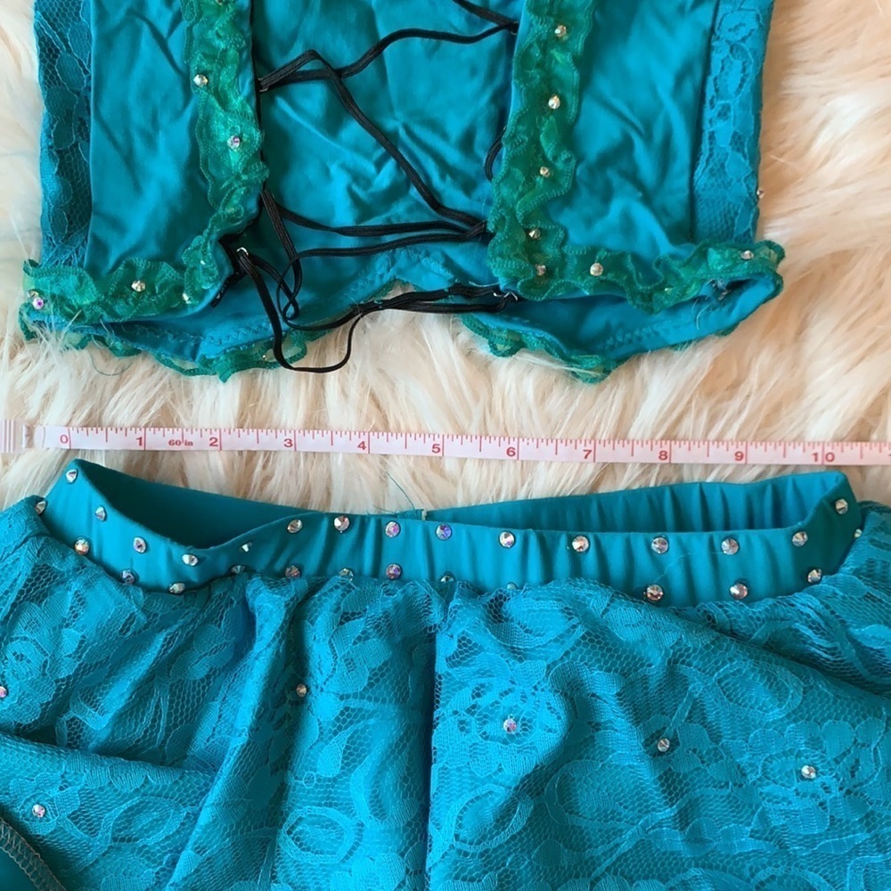 Turquoise two piece dance costume adorned with Swarovski Crystals - Picture 8 of 9